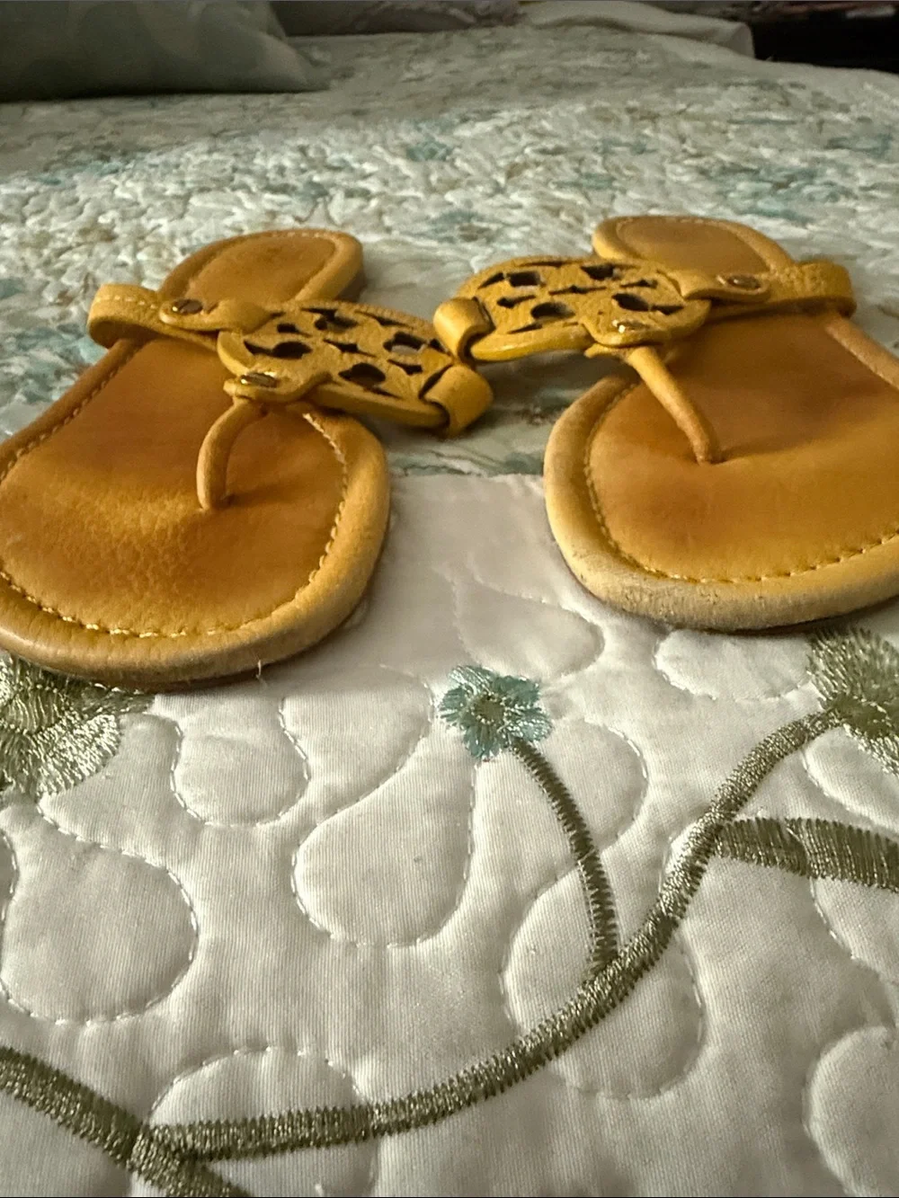 Tory Burch Mustard Yellow Miller Logo Leather Thong Sandals